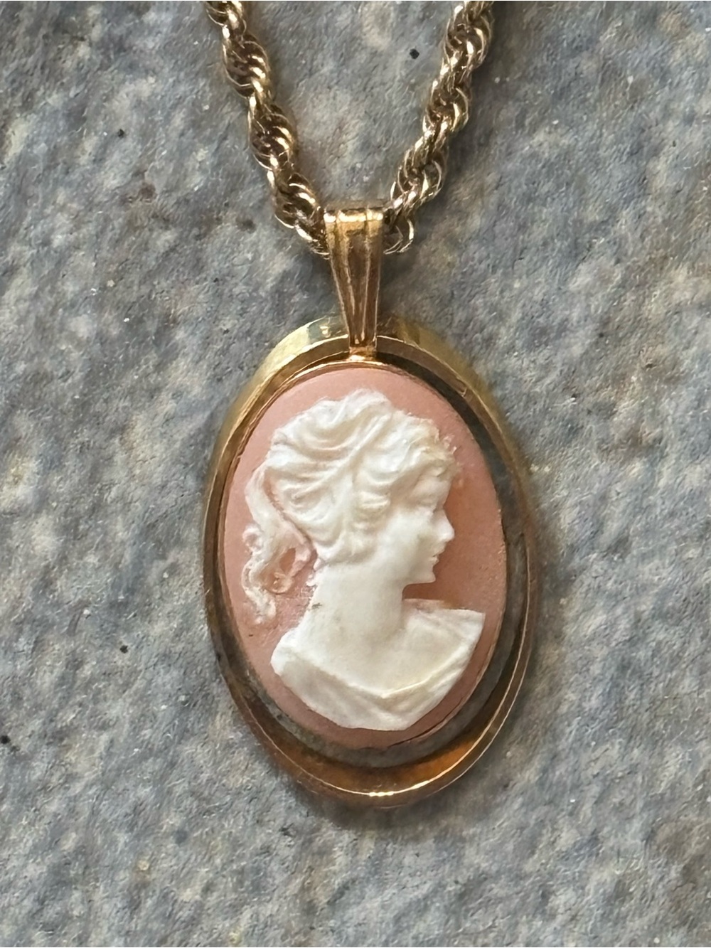 Gold Cameo Pendant Necklace with Pink Shell and White Relief